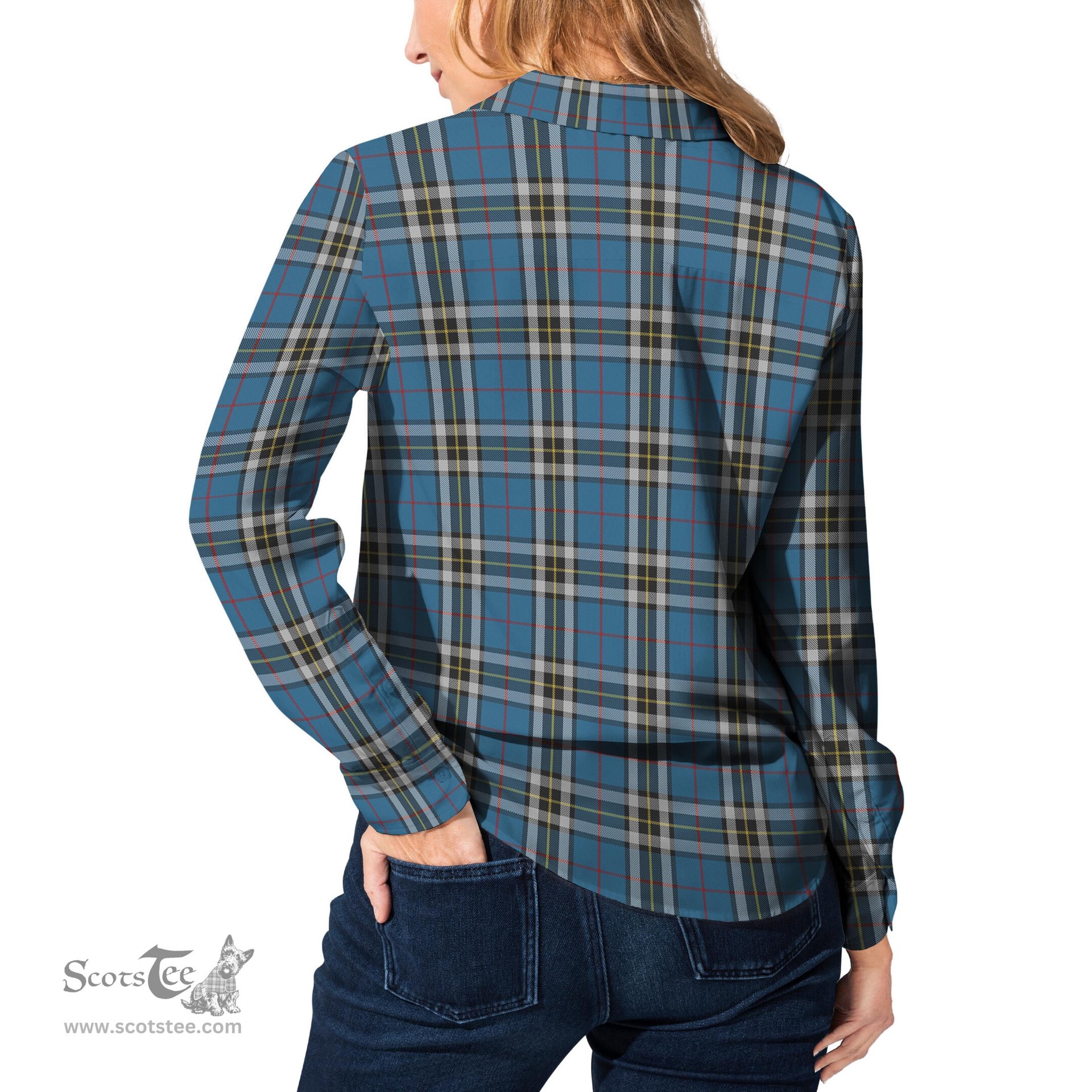 ScotsTee Shop Scottish Thomson Dress Blue Clan Tartan Womens Long Sleeve Shirt