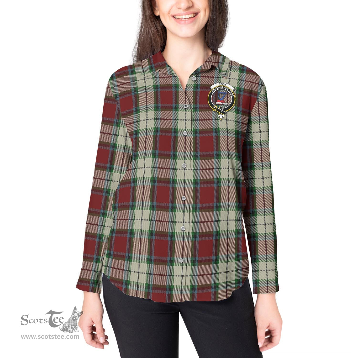 ScotsTee Shop Scottish Rose White Dress Clan Crest Tartan Womens Long Sleeve Shirt