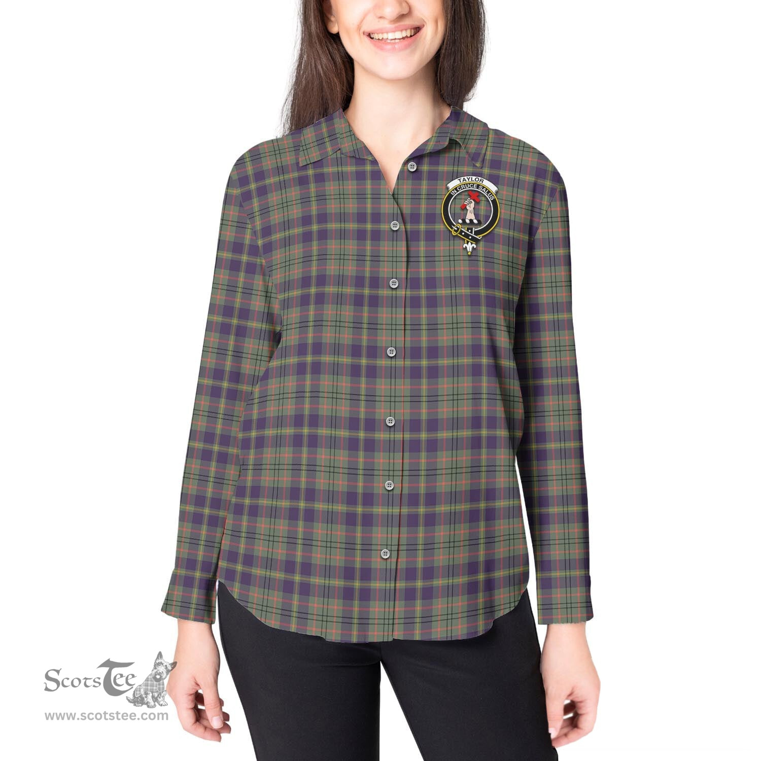 ScotsTee Shop Scottish Taylor Weathered Clan Crest Tartan Womens Long Sleeve Shirt