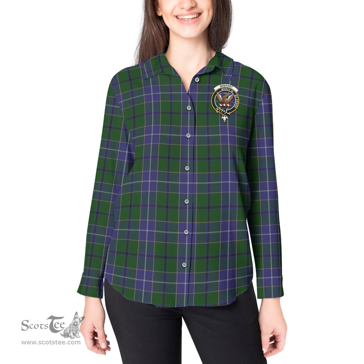 ScotsTee Shop Scottish Wishart Hunting Clan Crest Tartan Womens Long Sleeve Shirt