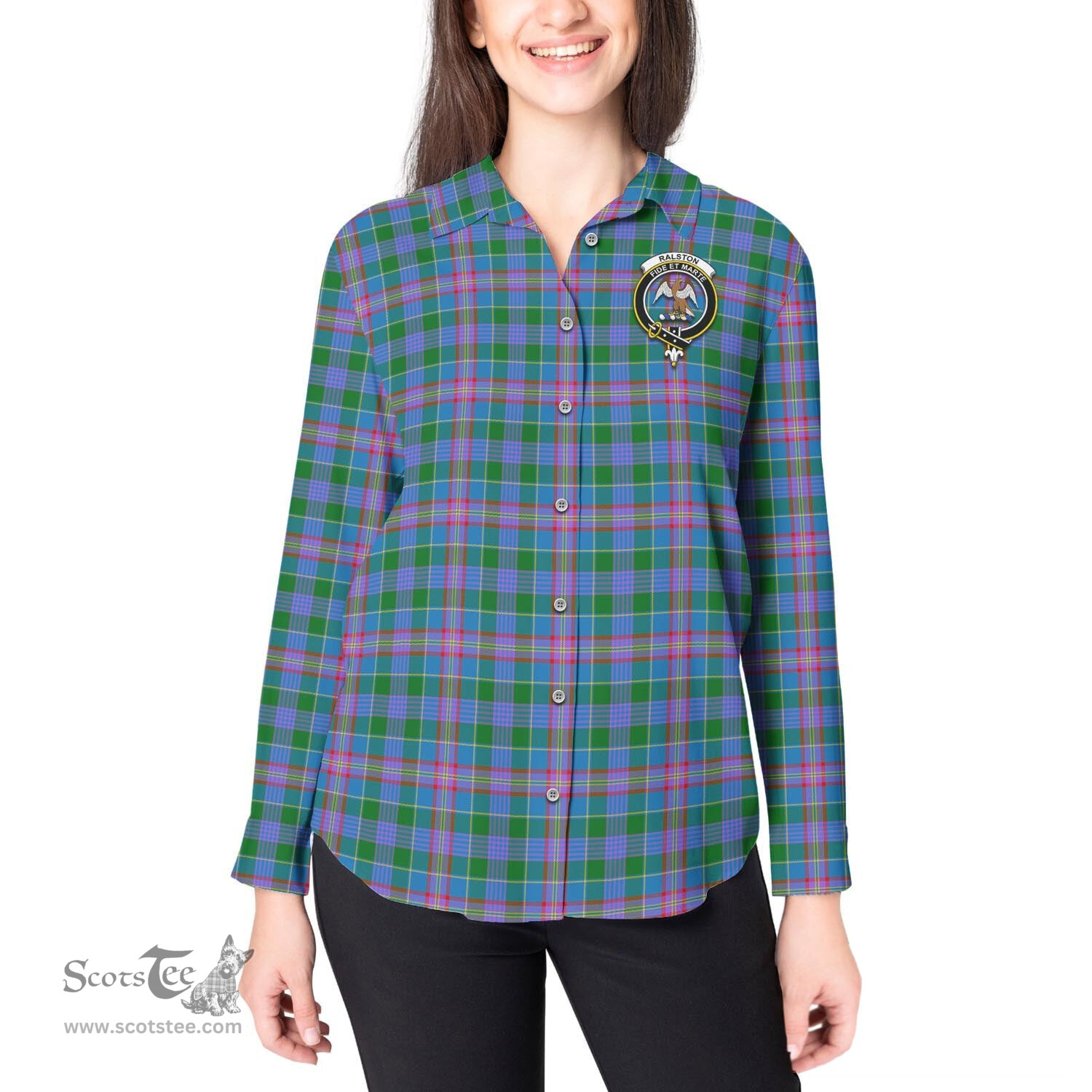 ScotsTee Shop Scottish Ralston Clan Crest Tartan Womens Long Sleeve Shirt