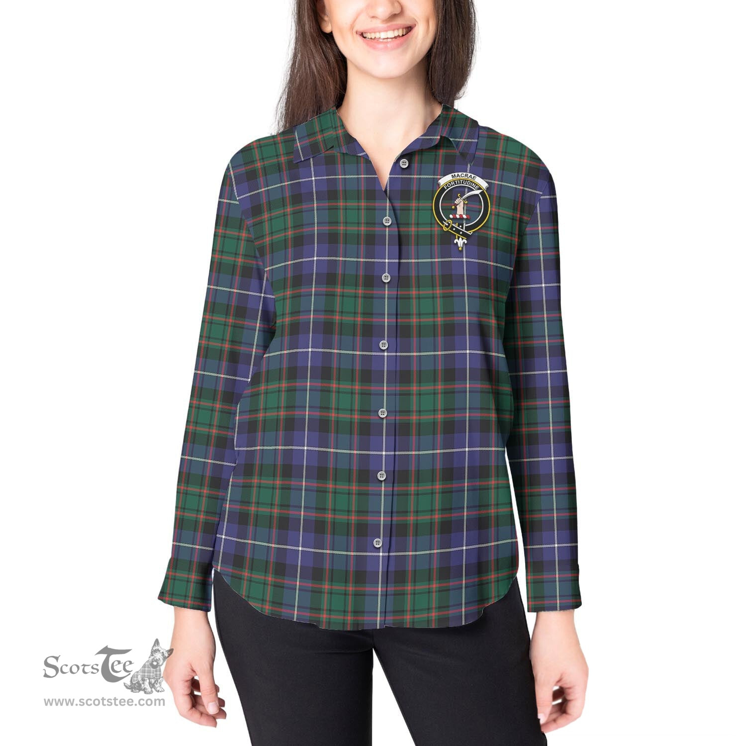 ScotsTee Shop Scottish MacRae Hunting Modern Clan Crest Tartan Womens Long Sleeve Shirt