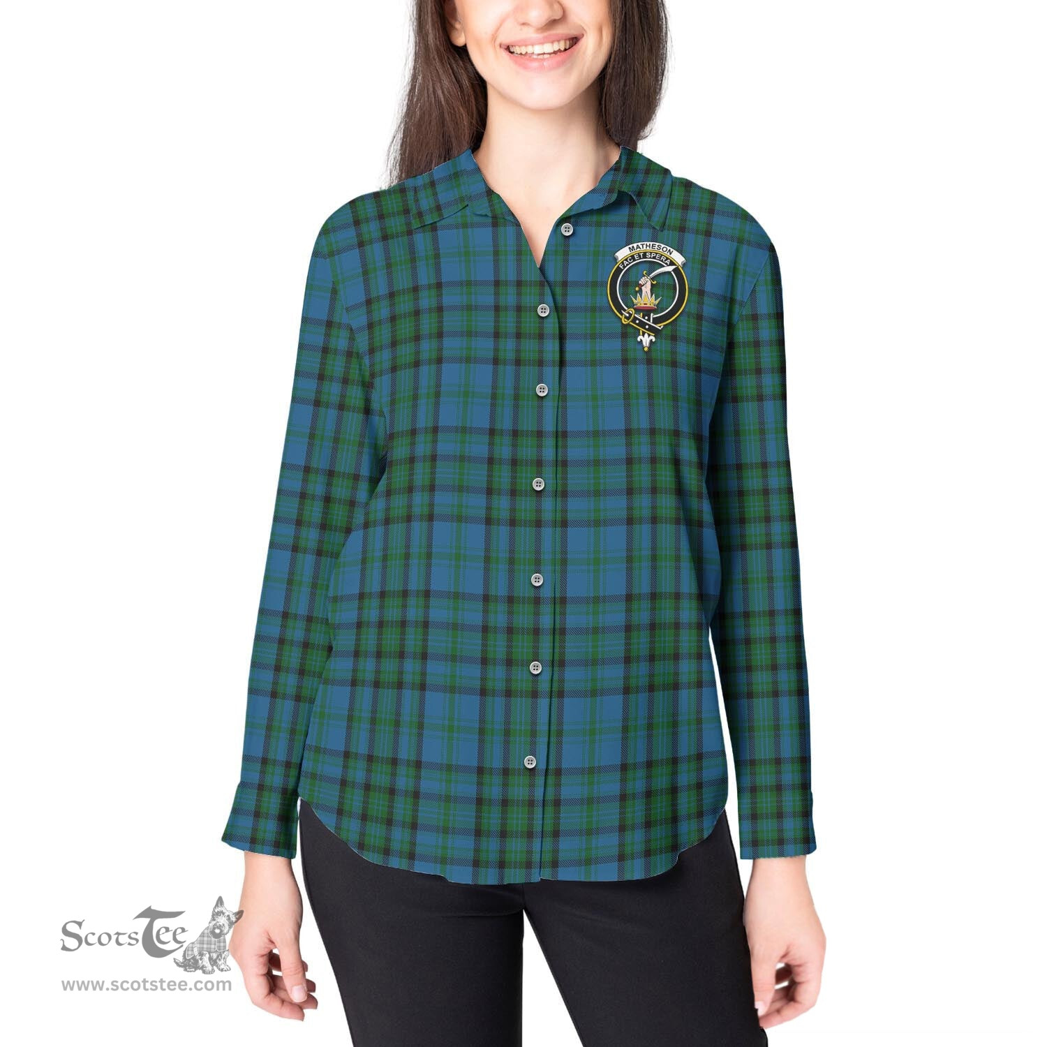 ScotsTee Shop Scottish Matheson Hunting Clan Crest Tartan Womens Long Sleeve Shirt