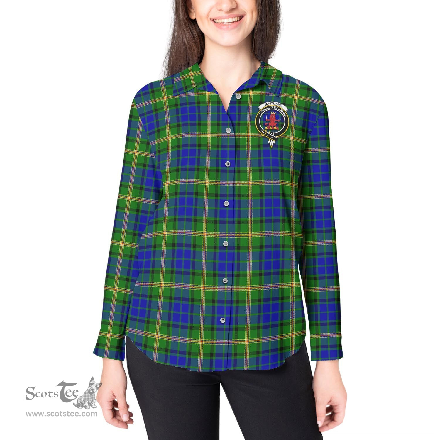 ScotsTee Shop Scottish Maitland Clan Crest Tartan Womens Long Sleeve Shirt