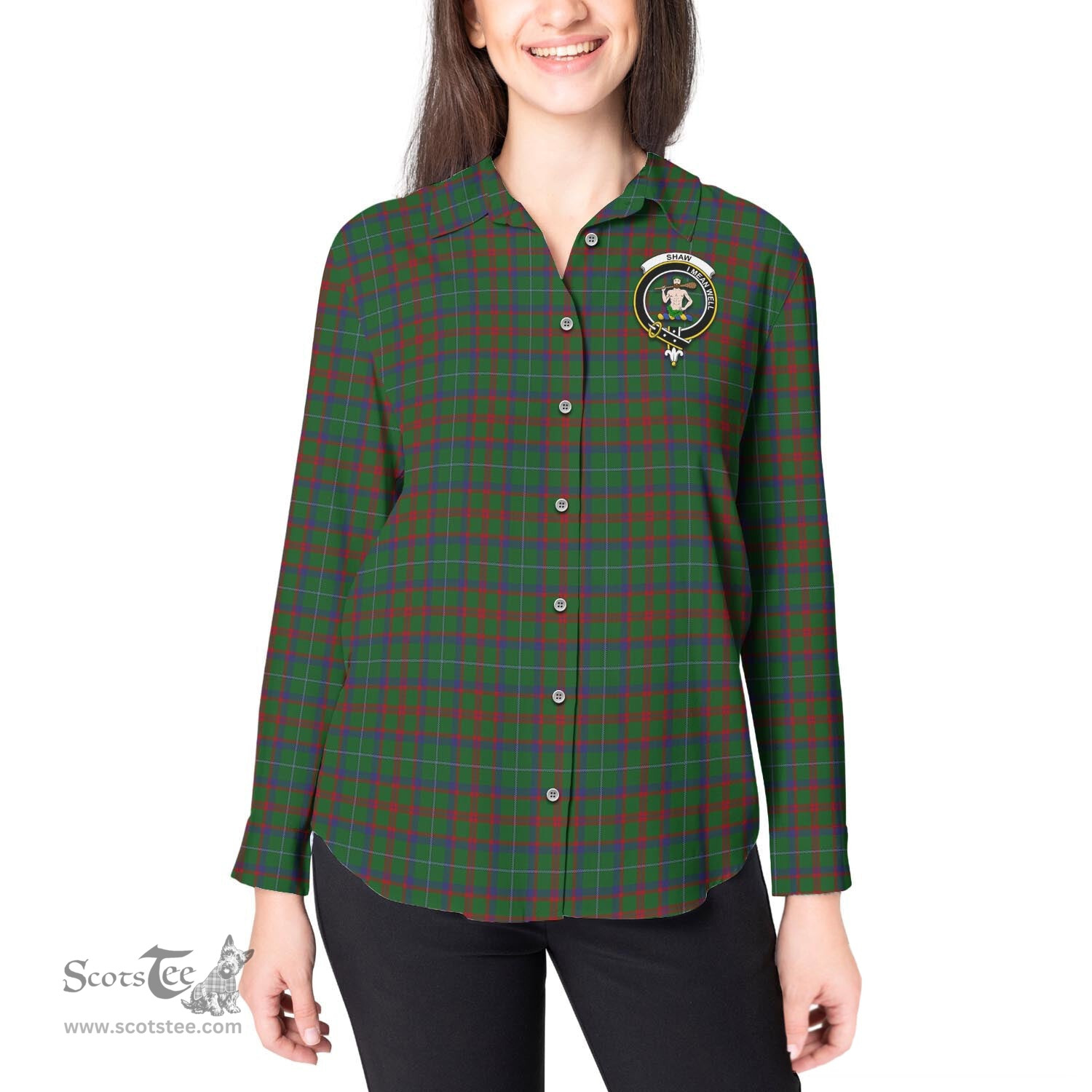 ScotsTee Shop Scottish Shaw of Tordarroch Green Hunting Clan Crest Tartan Womens Long Sleeve Shirt