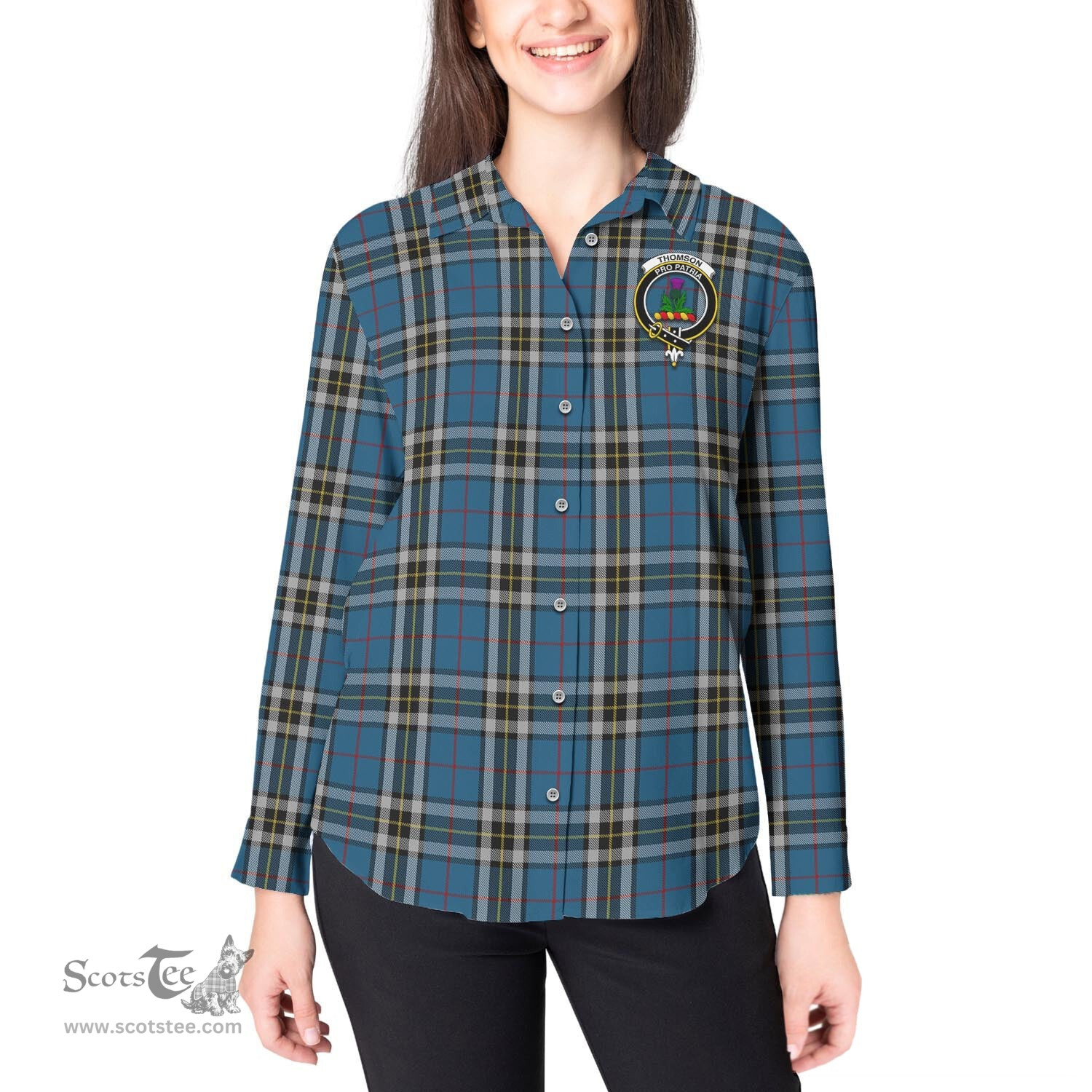 ScotsTee Shop Scottish Thomson Dress Blue Clan Crest Tartan Womens Long Sleeve Shirt