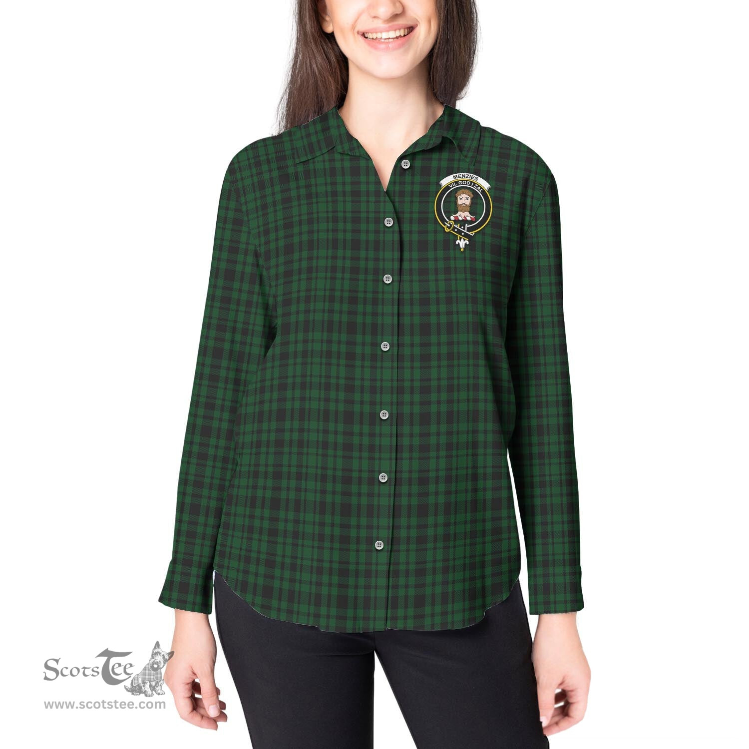ScotsTee Shop Scottish Menzies Green Clan Crest Tartan Womens Long Sleeve Shirt