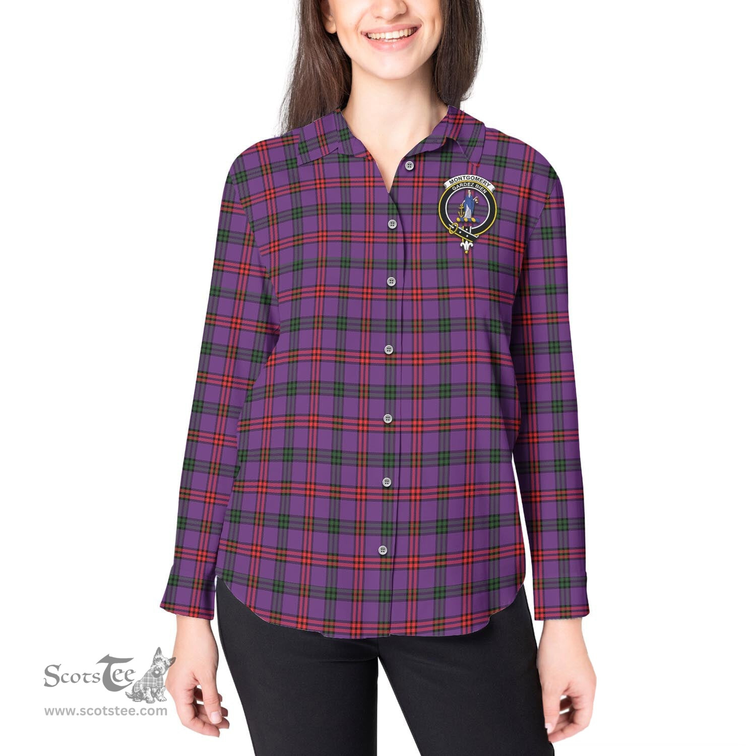 ScotsTee Shop Scottish Montgomery Modern Clan Crest Tartan Womens Long Sleeve Shirt