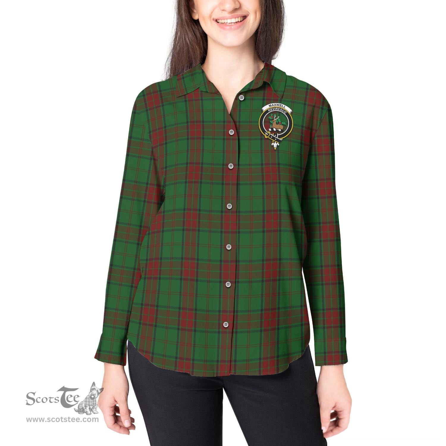 ScotsTee Shop Scottish Maxwell Hunting Clan Crest Tartan Womens Long Sleeve Shirt