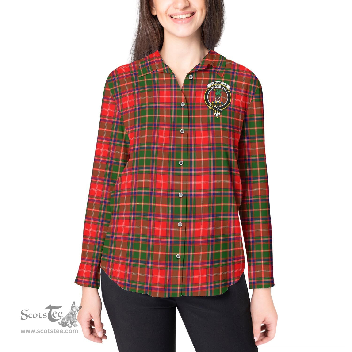ScotsTee Shop Scottish Somerville Modern Clan Crest Tartan Womens Long Sleeve Shirt