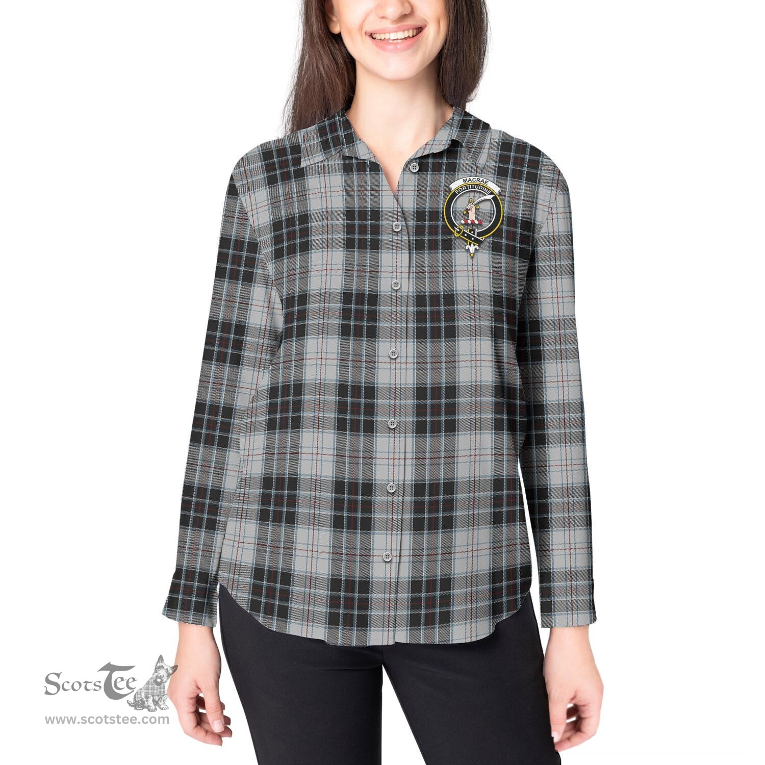 ScotsTee Shop Scottish MacRae Dress Clan Crest Tartan Womens Long Sleeve Shirt