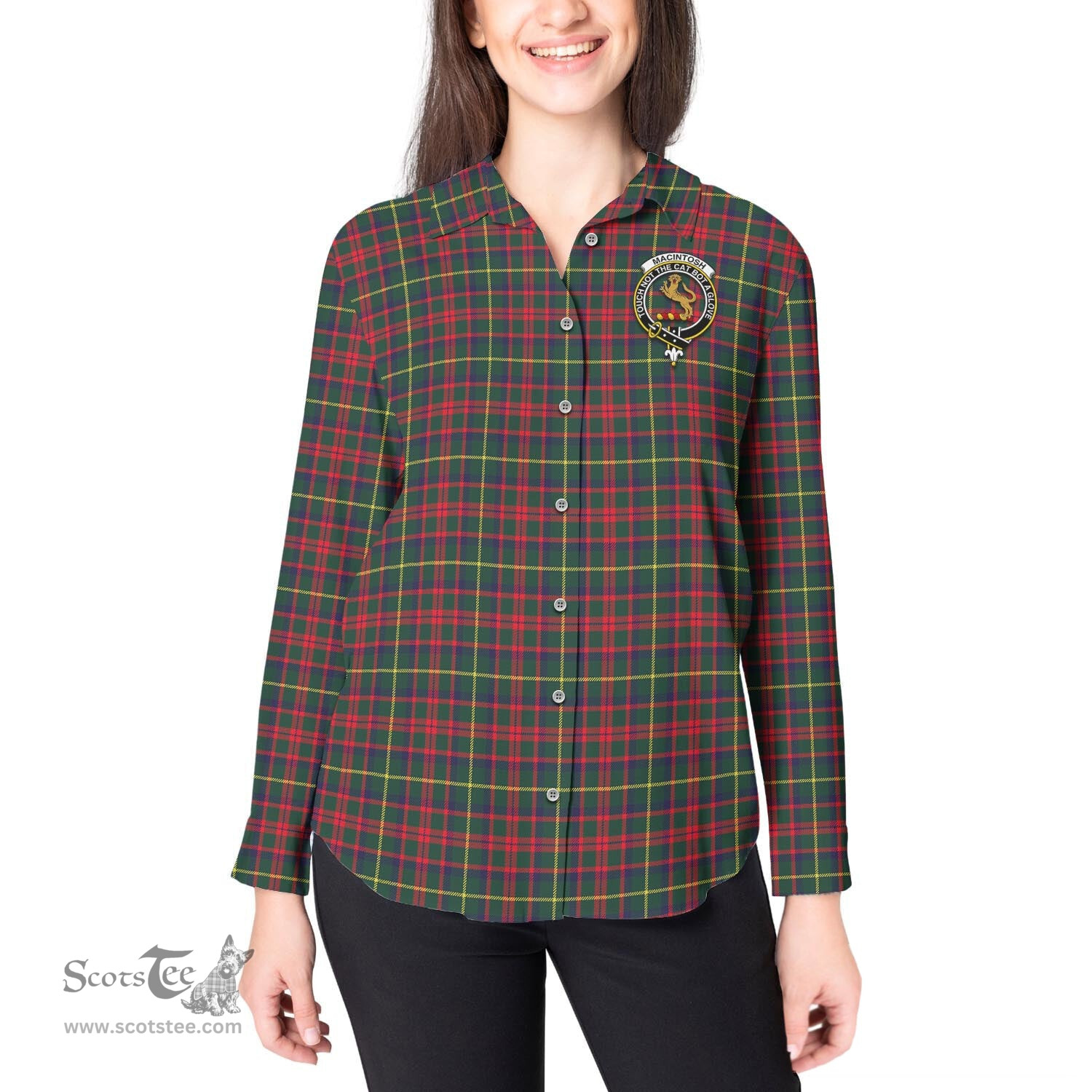 ScotsTee Shop Scottish MacIntosh Hunting Modern Clan Crest Tartan Womens Long Sleeve Shirt
