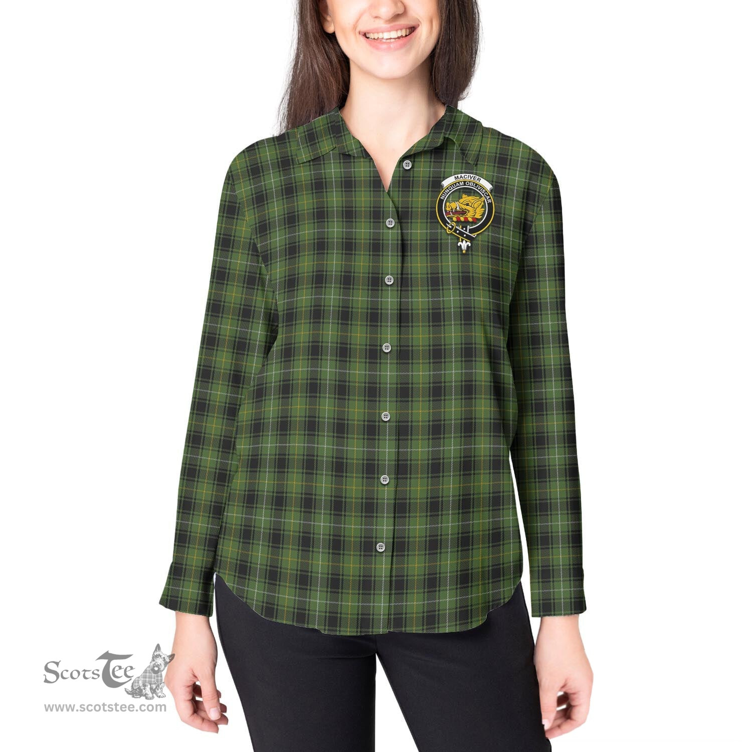ScotsTee Shop Scottish MacIver Hunting Clan Crest Tartan Womens Long Sleeve Shirt
