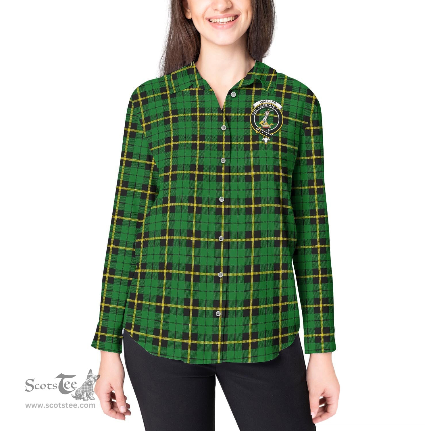 ScotsTee Shop Scottish Wallace Hunting Green Clan Crest Tartan Womens Long Sleeve Shirt
