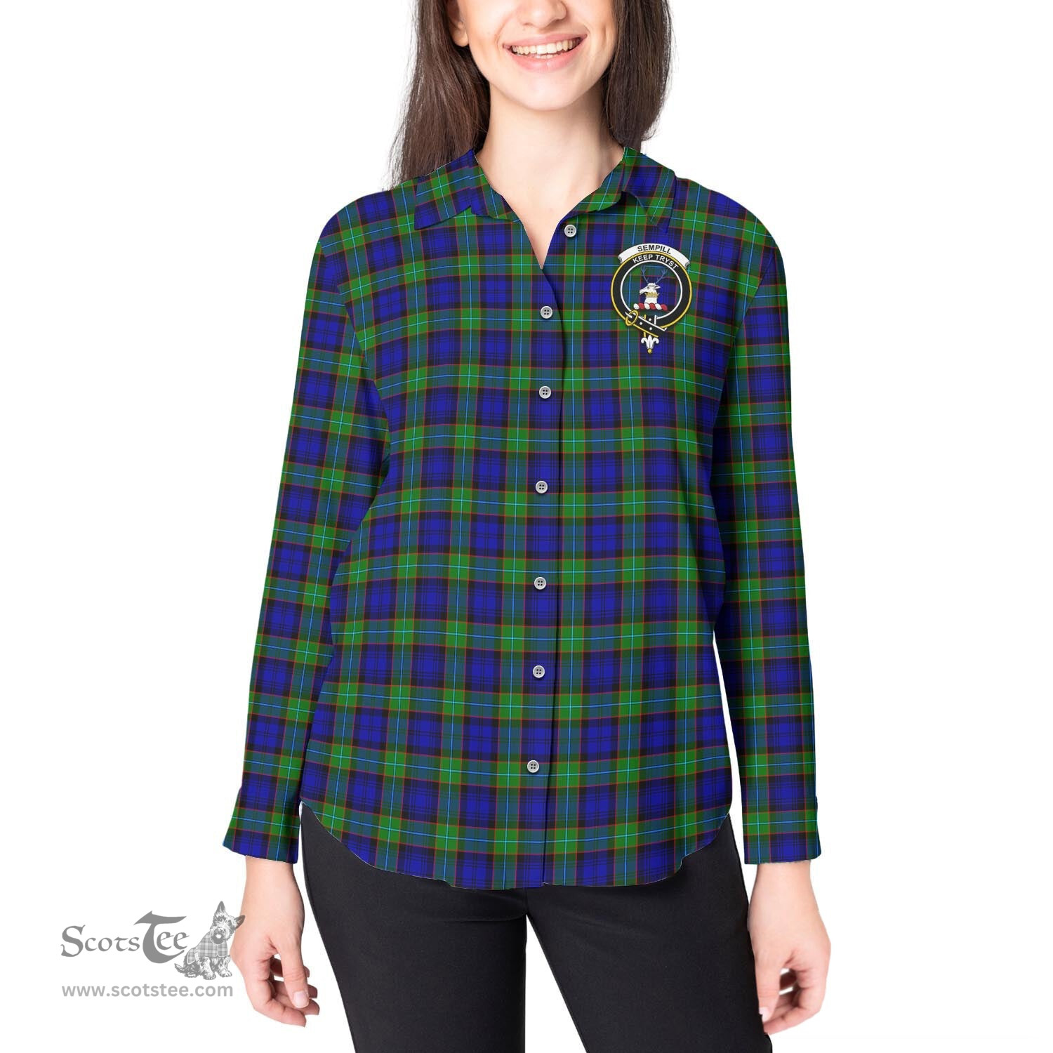 ScotsTee Shop Scottish Sempill Modern Clan Crest Tartan Womens Long Sleeve Shirt