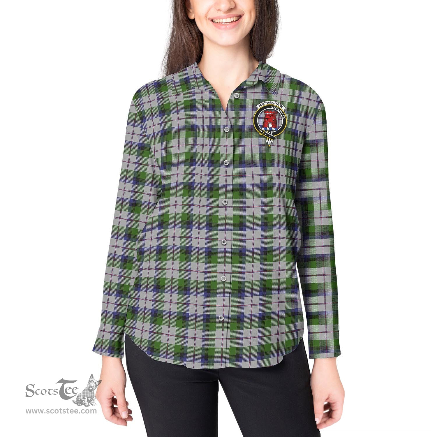 ScotsTee Shop Scottish MacNaughton Dress Clan Crest Tartan Womens Long Sleeve Shirt