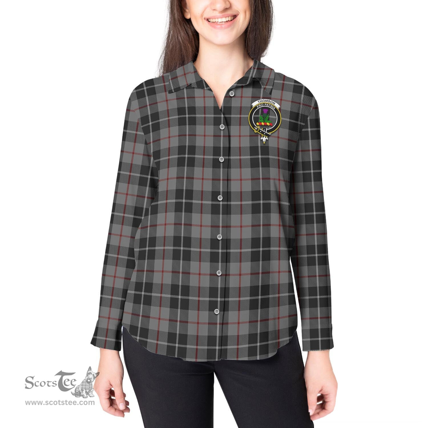 ScotsTee Shop Scottish Thompson Grey Clan Crest Tartan Womens Long Sleeve Shirt