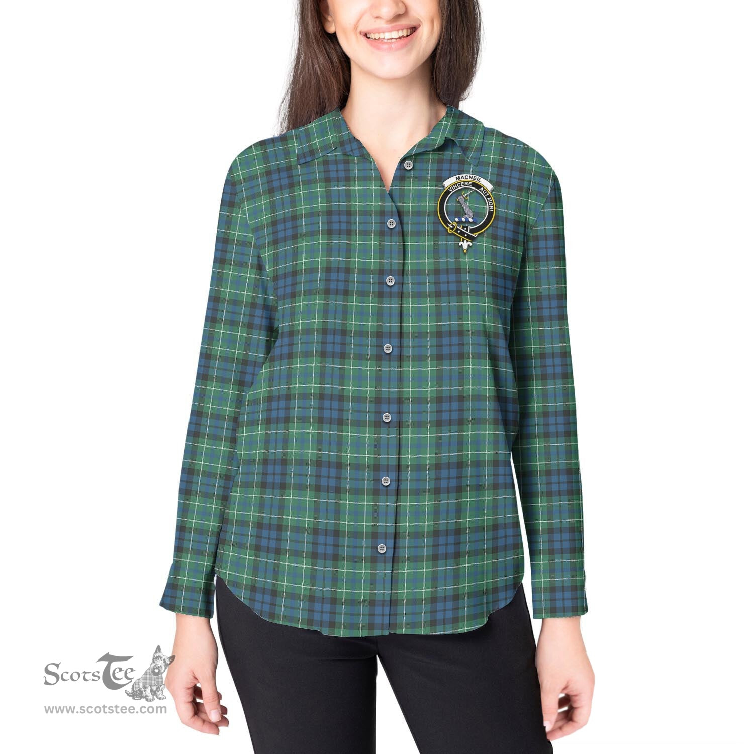 ScotsTee Shop Scottish MacNeil of Colonsay Ancient Clan Crest Tartan Womens Long Sleeve Shirt