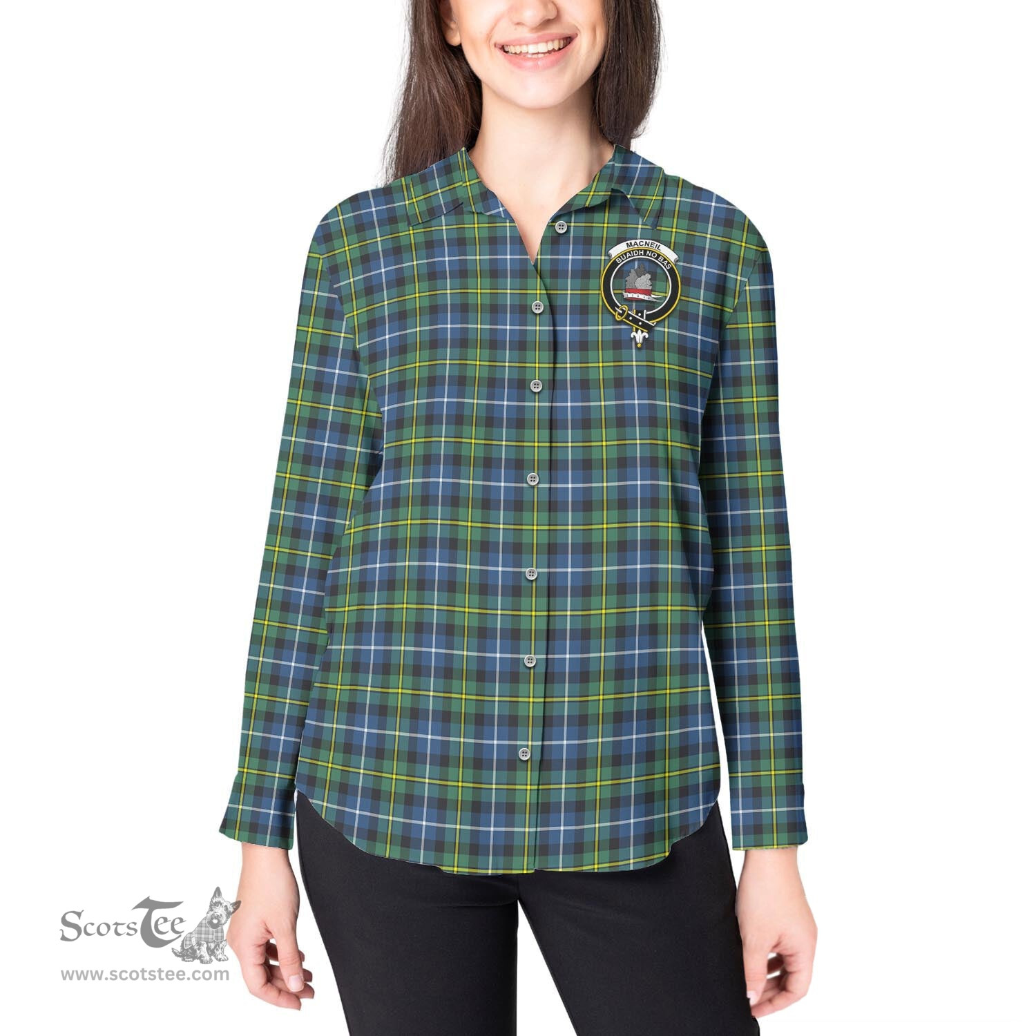 ScotsTee Shop Scottish MacNeil of Barra Ancient Clan Crest Tartan Womens Long Sleeve Shirt