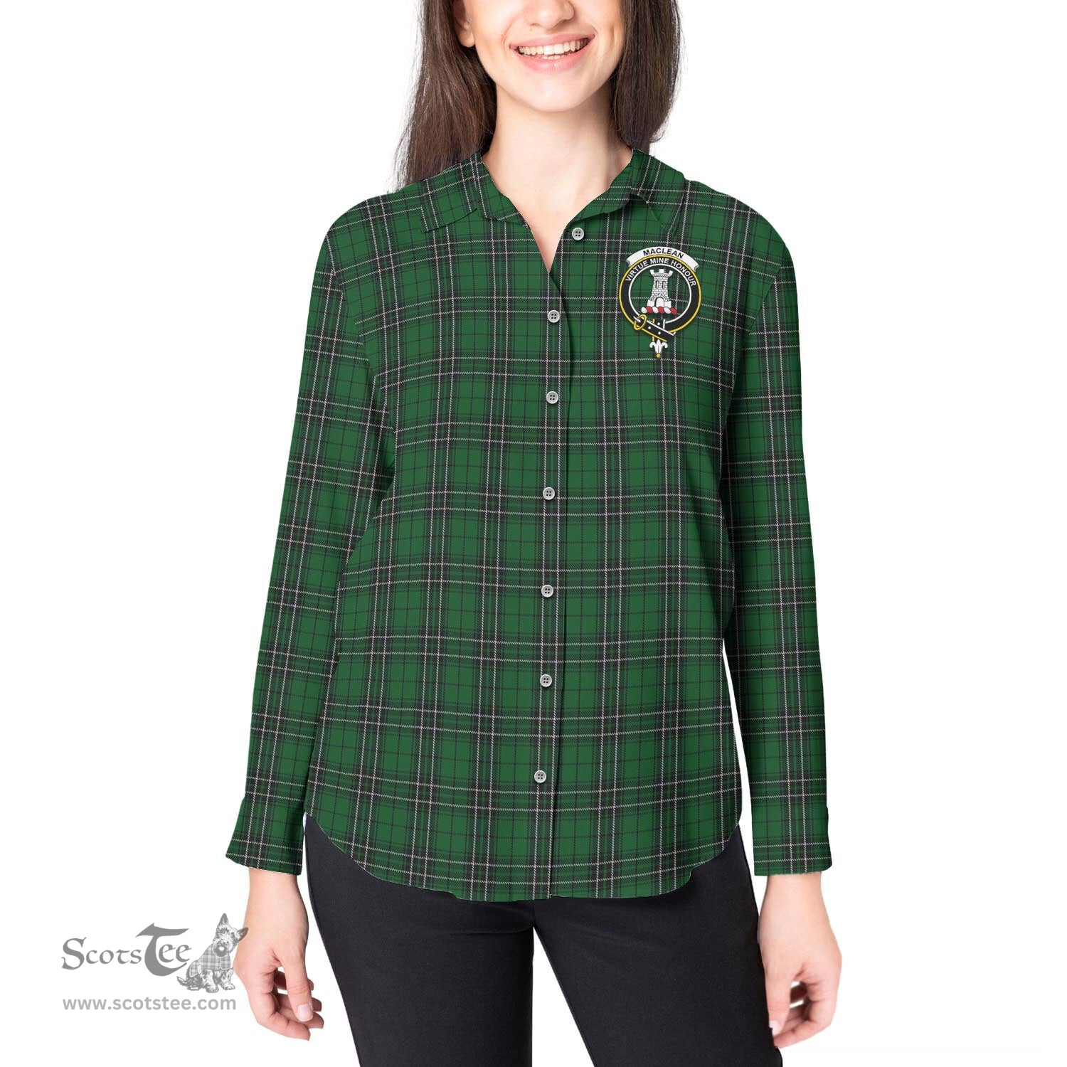ScotsTee Shop Scottish MacLean of Duart Hunting Clan Crest Tartan Womens Long Sleeve Shirt