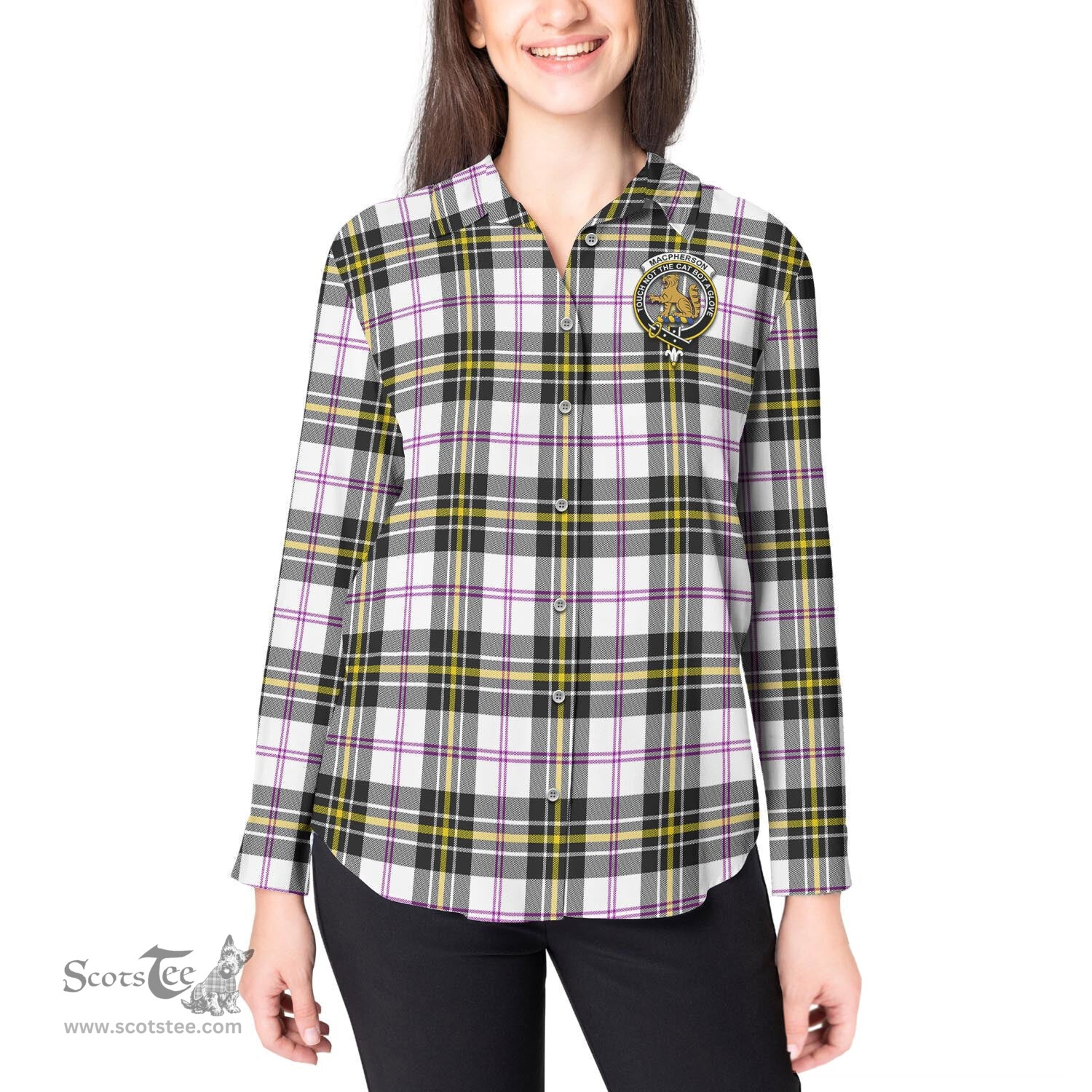 ScotsTee Shop Scottish MacPherson Dress Modern Clan Crest Tartan Womens Long Sleeve Shirt