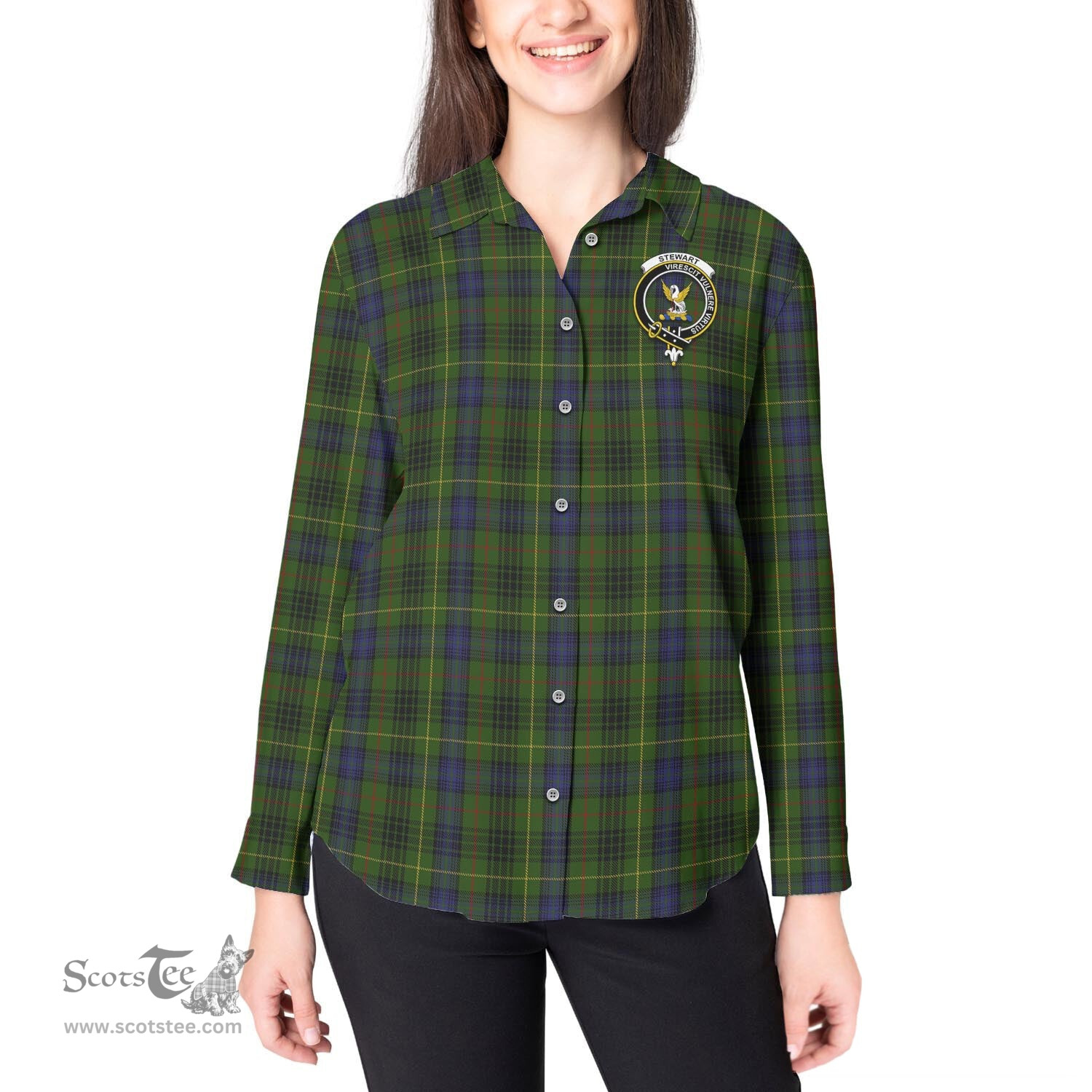 ScotsTee Shop Scottish Stewart Hunting Clan Crest Tartan Womens Long Sleeve Shirt