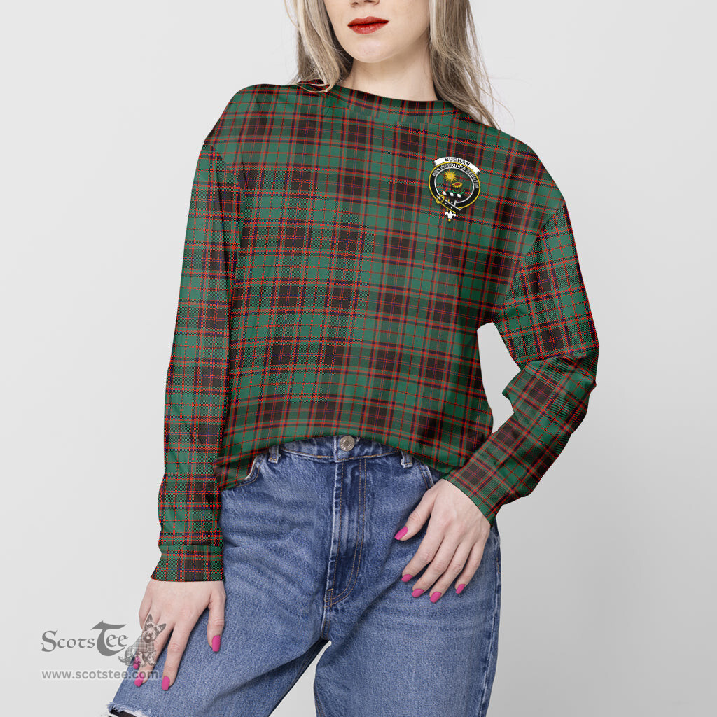 ScotsTee Shop Scottish Buchan Ancient Clan Tartan Womens Raglan Sleeve Sweatshirt with Family Crest