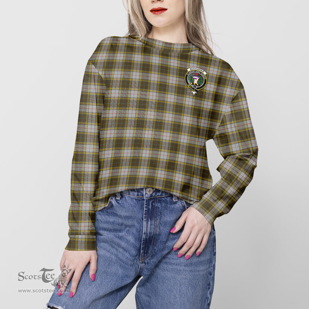 ScotsTee Shop Scottish Buchanan Dress Clan Tartan Womens Raglan Sleeve Sweatshirt with Family Crest