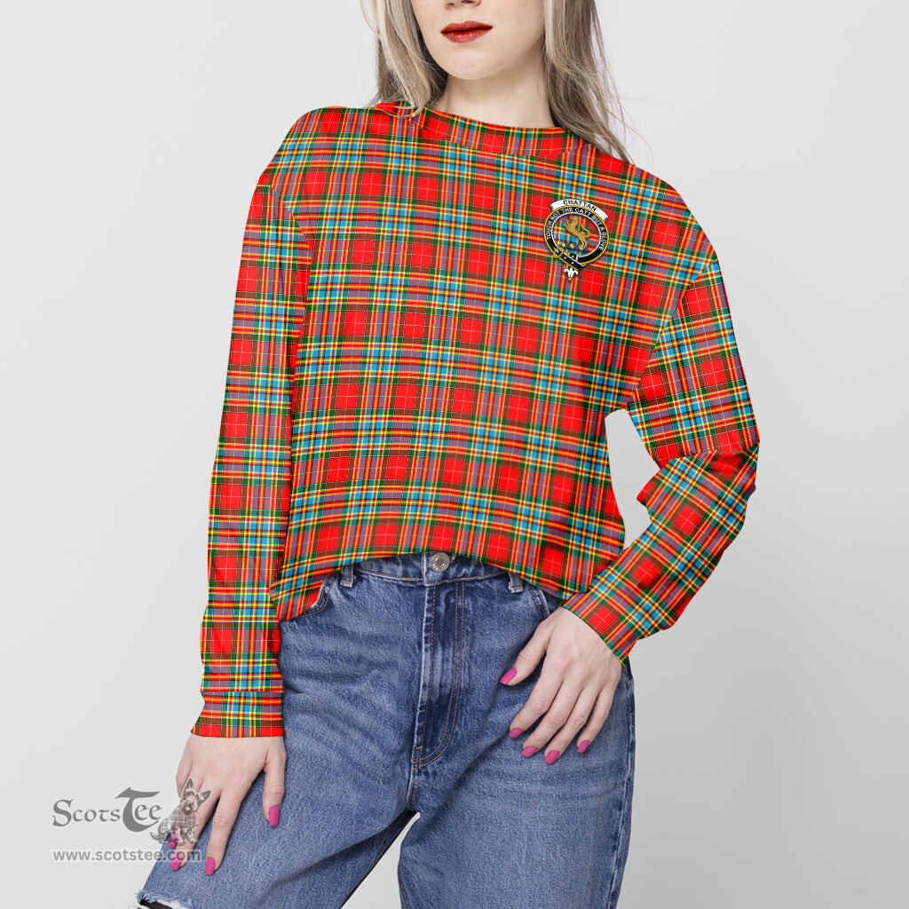 ScotsTee Shop Scottish Chattan Clan Tartan Womens Raglan Sleeve Sweatshirt with Family Crest