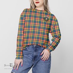 ScotsTee Shop Scottish Buchanan Ancient Clan Tartan Womens Raglan Sleeve Sweatshirt with Family Crest