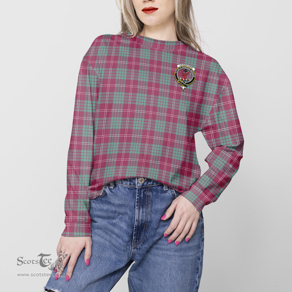 ScotsTee Shop Scottish Crawford Ancient Clan Tartan Womens Raglan Sleeve Sweatshirt with Family Crest