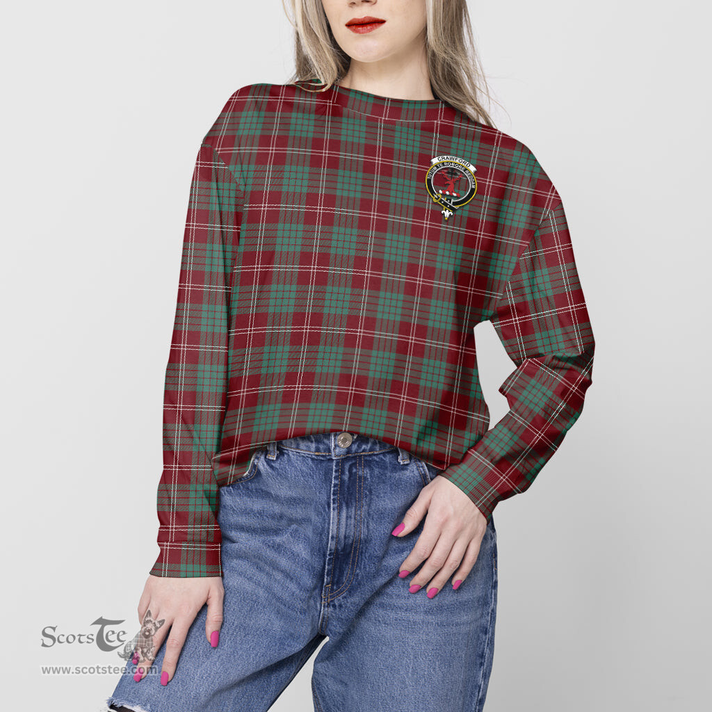 ScotsTee Shop Scottish Crawford Modern Clan Tartan Womens Raglan Sleeve Sweatshirt with Family Crest