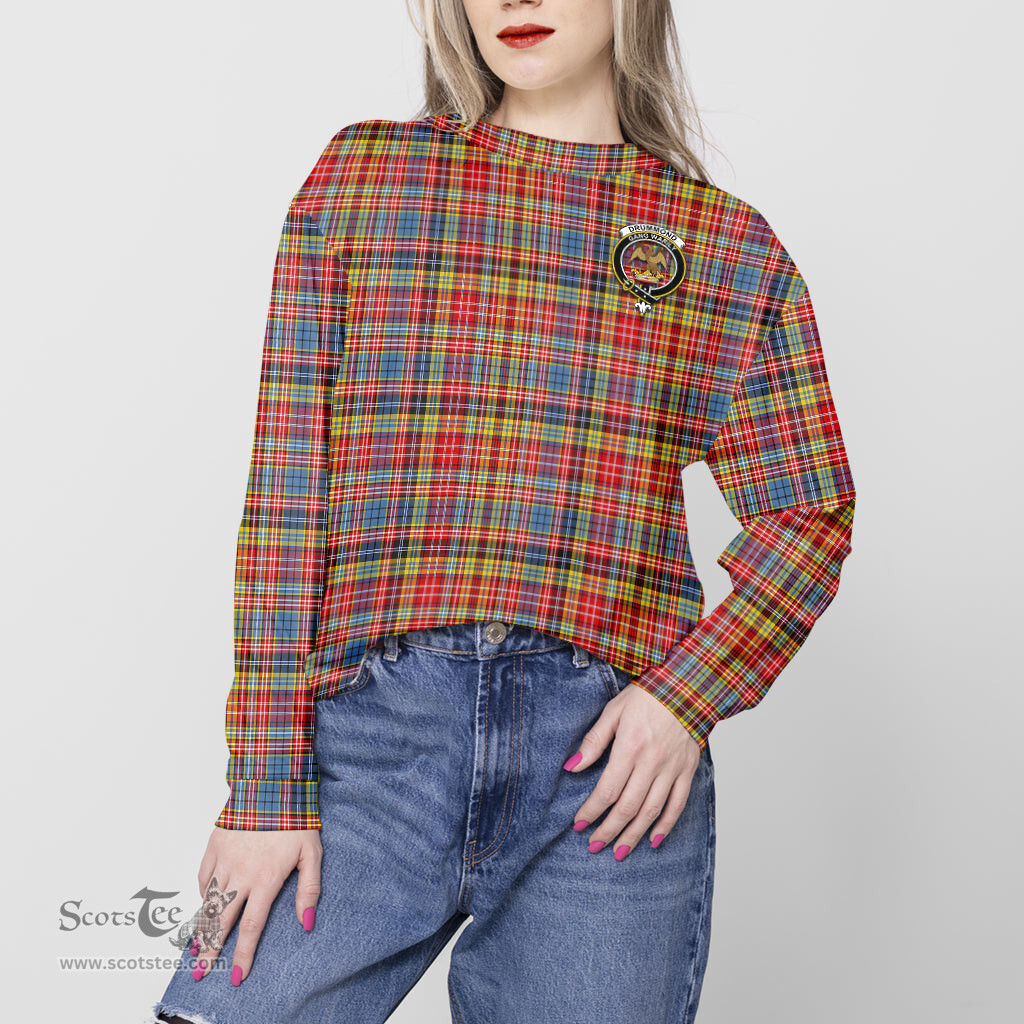 ScotsTee Shop Scottish Drummond of Strathallan Modern Clan Tartan Womens Raglan Sleeve Sweatshirt with Family Crest