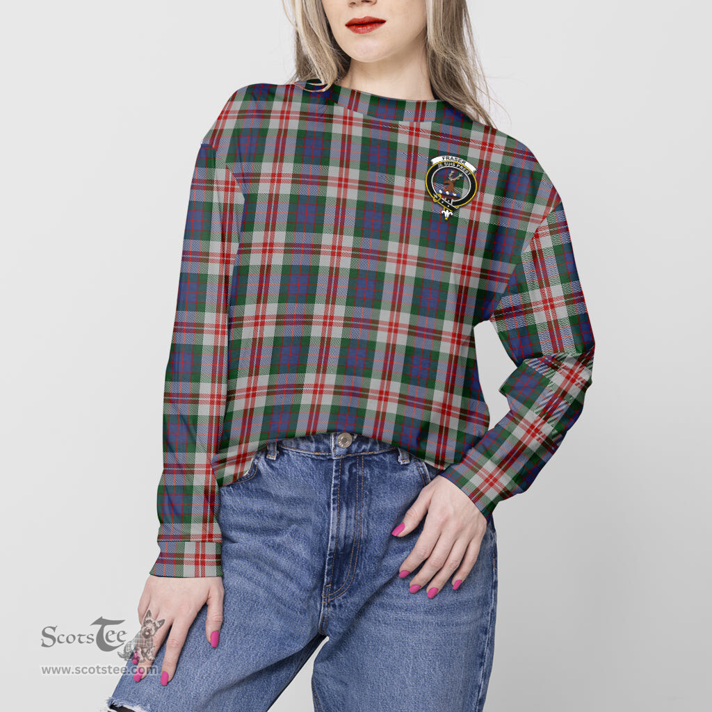 ScotsTee Shop Scottish Fraser Red Dress Clan Tartan Womens Raglan Sleeve Sweatshirt with Family Crest