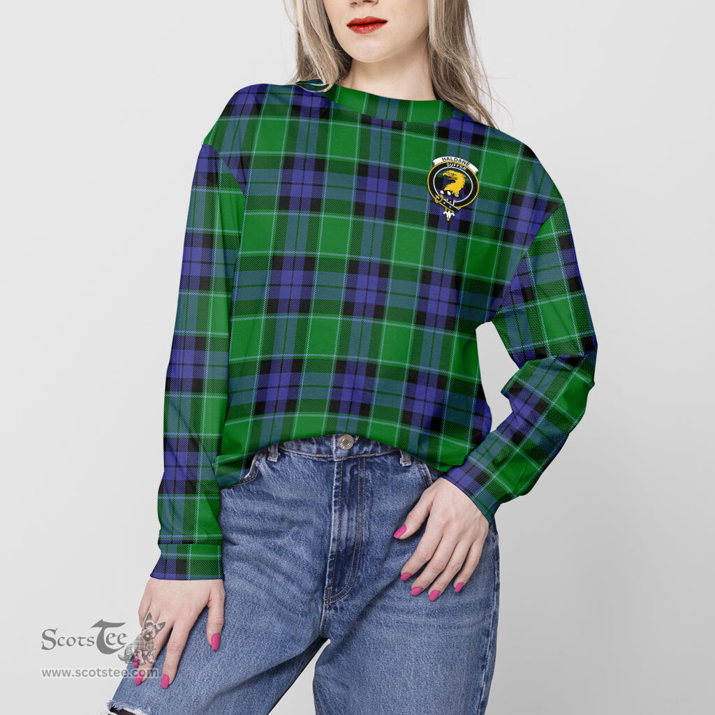 ScotsTee Shop Scottish Haldane Clan Tartan Womens Raglan Sleeve Sweatshirt with Family Crest