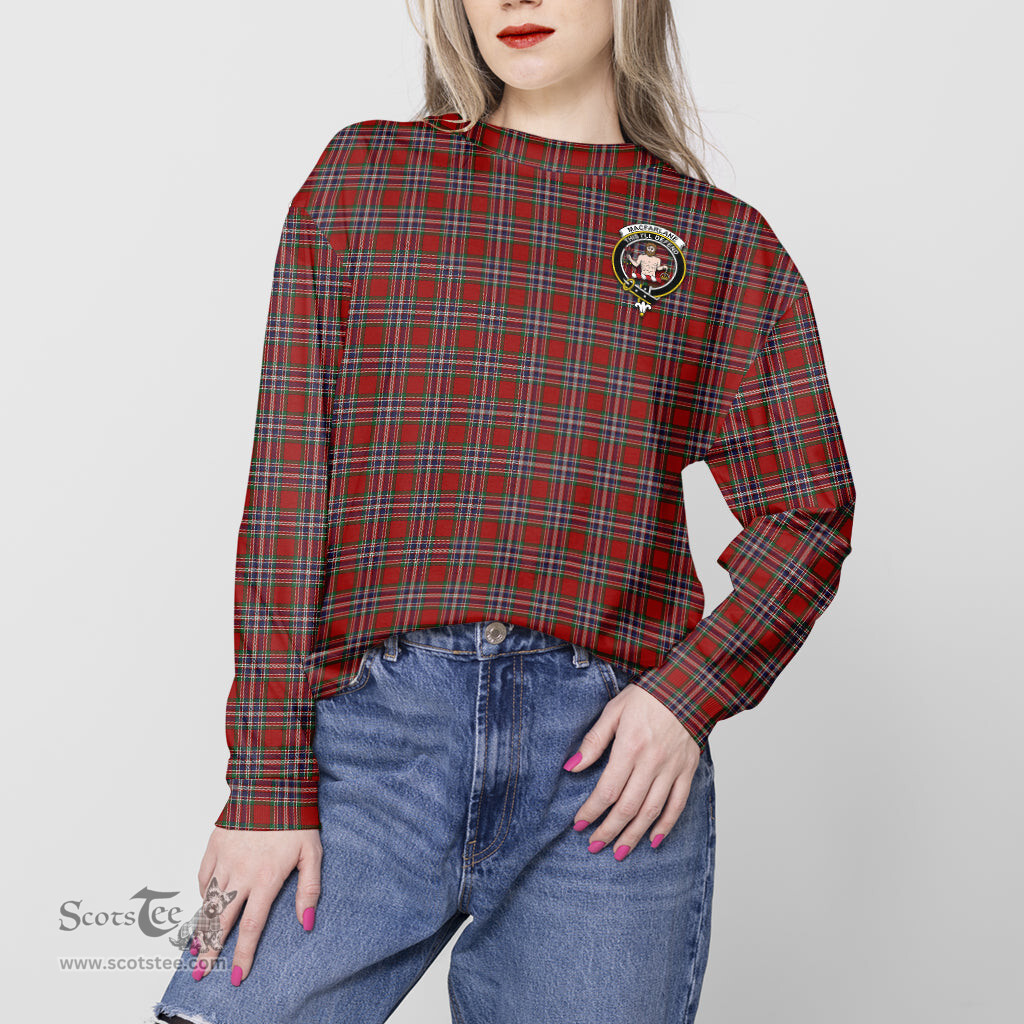 ScotsTee Shop Scottish MacFarlane Red Clan Tartan Womens Raglan Sleeve Sweatshirt with Family Crest