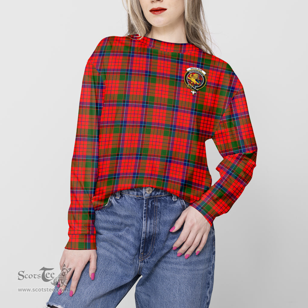 ScotsTee Shop Scottish Nicolson Modern Clan Tartan Womens Raglan Sleeve Sweatshirt with Family Crest