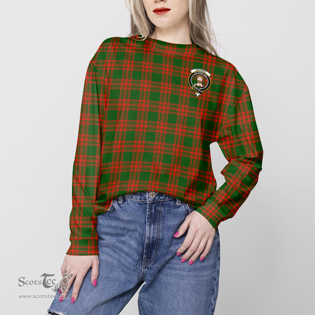 ScotsTee Shop Scottish Menzies Green Modern Clan Tartan Womens Raglan Sleeve Sweatshirt with Family Crest