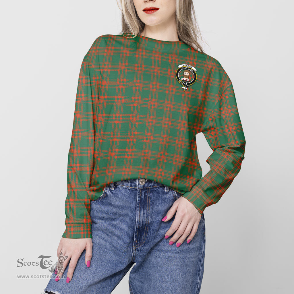 ScotsTee Shop Scottish Menzies Green Ancient Clan Tartan Womens Raglan Sleeve Sweatshirt with Family Crest