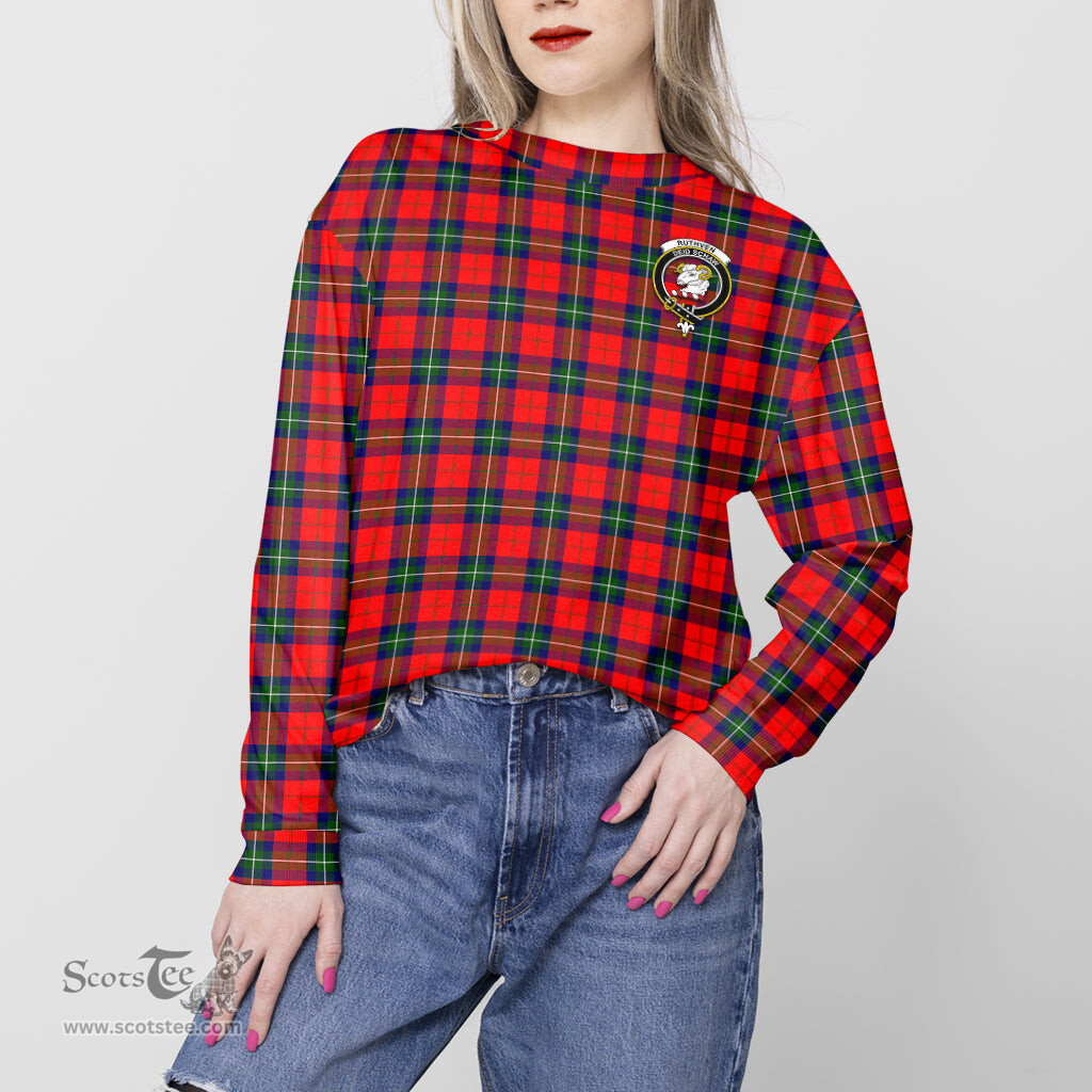 ScotsTee Shop Scottish Ruthven Modern Clan Tartan Womens Raglan Sleeve Sweatshirt with Family Crest