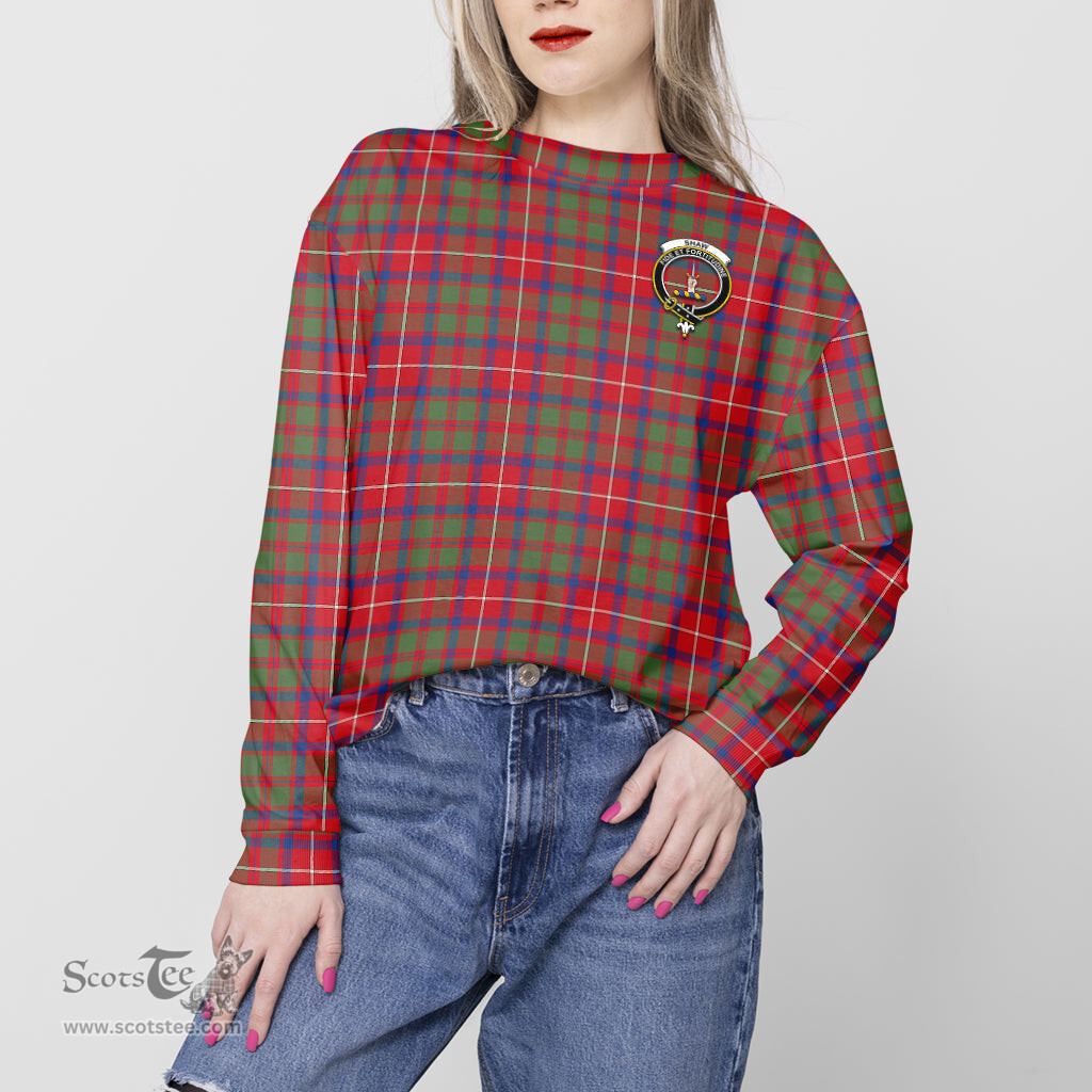 ScotsTee Shop Scottish Shaw Red Modern Clan Tartan Womens Raglan Sleeve Sweatshirt with Family Crest
