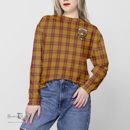 ScotsTee Shop Scottish MacMillan Dress Clan Tartan Womens Raglan Sleeve Sweatshirt with Family Crest