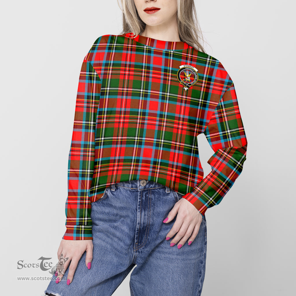 ScotsTee Shop Scottish Stewart Royal Clan Tartan Womens Raglan Sleeve Sweatshirt with Family Crest
