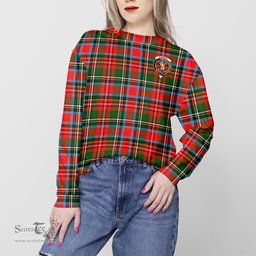 ScotsTee Shop Scottish Stewart Royal Clan Tartan Womens Raglan Sleeve Sweatshirt with Family Crest