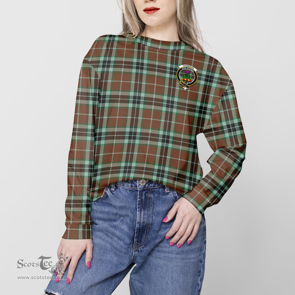 ScotsTee Shop Scottish Thomson Hunting Modern Clan Tartan Womens Raglan Sleeve Sweatshirt with Family Crest