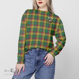 ScotsTee Shop Scottish MacMillan Old Ancient Clan Tartan Womens Raglan Sleeve Sweatshirt with Family Crest