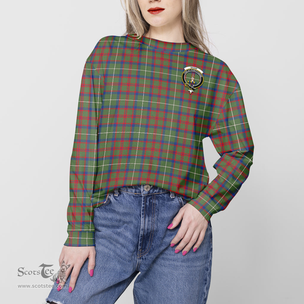 ScotsTee Shop Scottish Shaw Green Modern Clan Tartan Womens Raglan Sleeve Sweatshirt with Family Crest