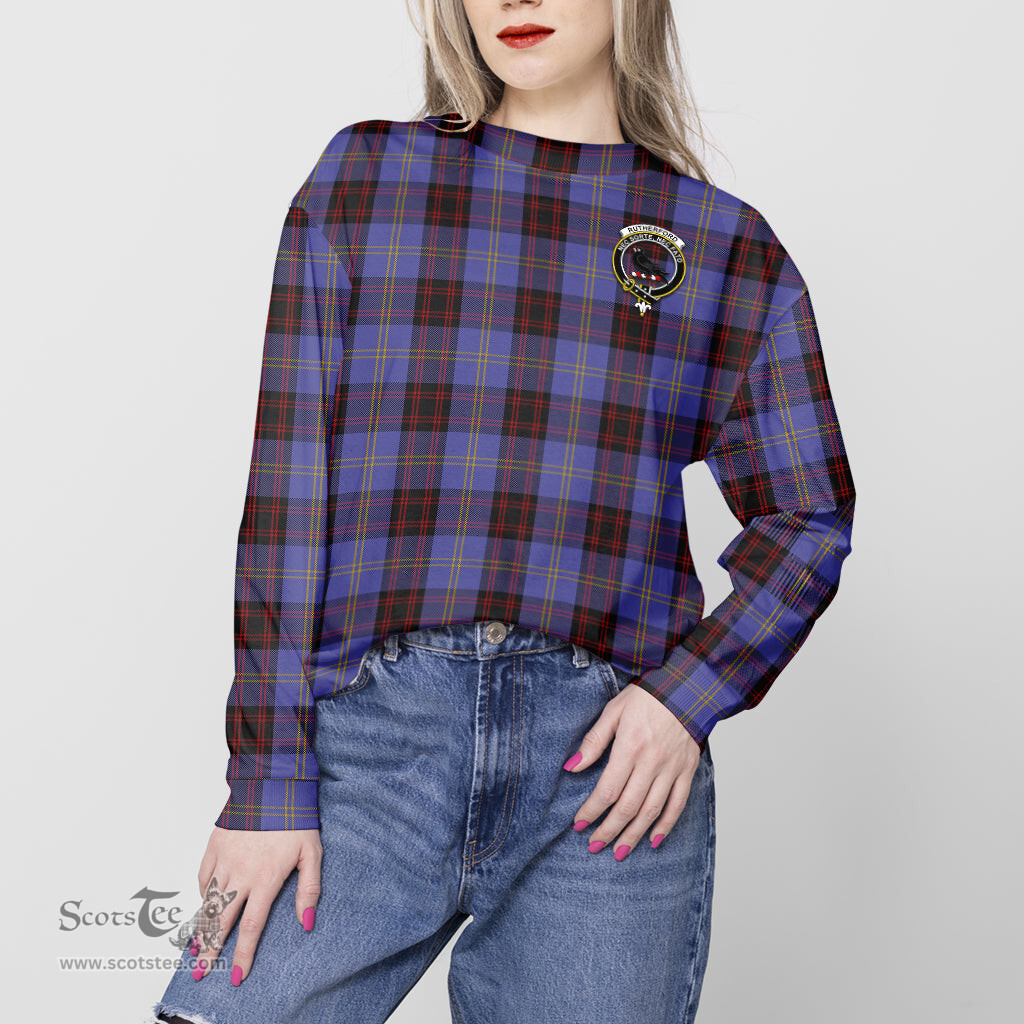 ScotsTee Shop Scottish Rutherford Clan Tartan Womens Raglan Sleeve Sweatshirt with Family Crest