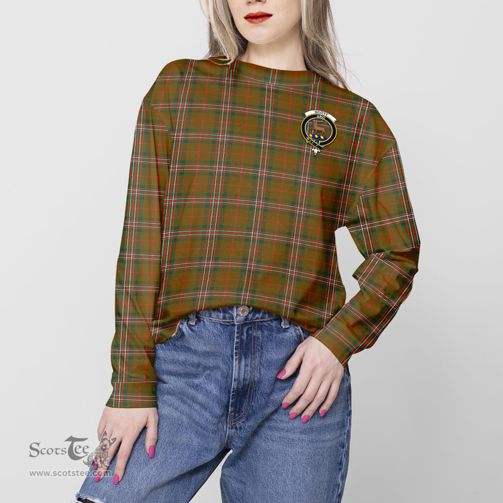 ScotsTee Shop Scottish Scott Brown Modern Clan Tartan Womens Raglan Sleeve Sweatshirt with Family Crest