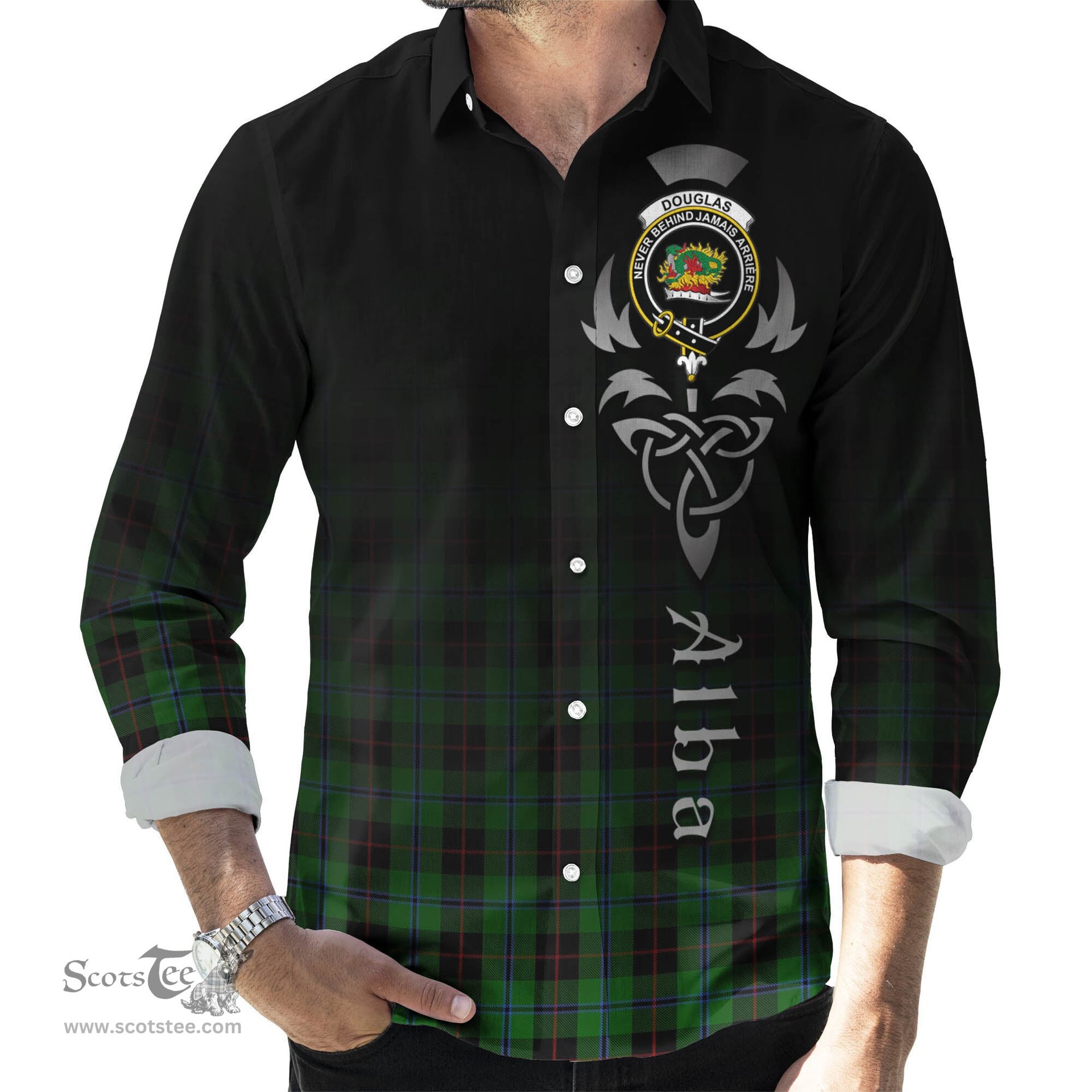 ScotsTee Shop Scottish Douglas Black Clan Crest Tartan Alba Gu Brath Celtic Inspired Tartan Long Sleeve Shirt